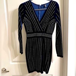 Long Sleeve Blue Velvet Dress with Rhinestones